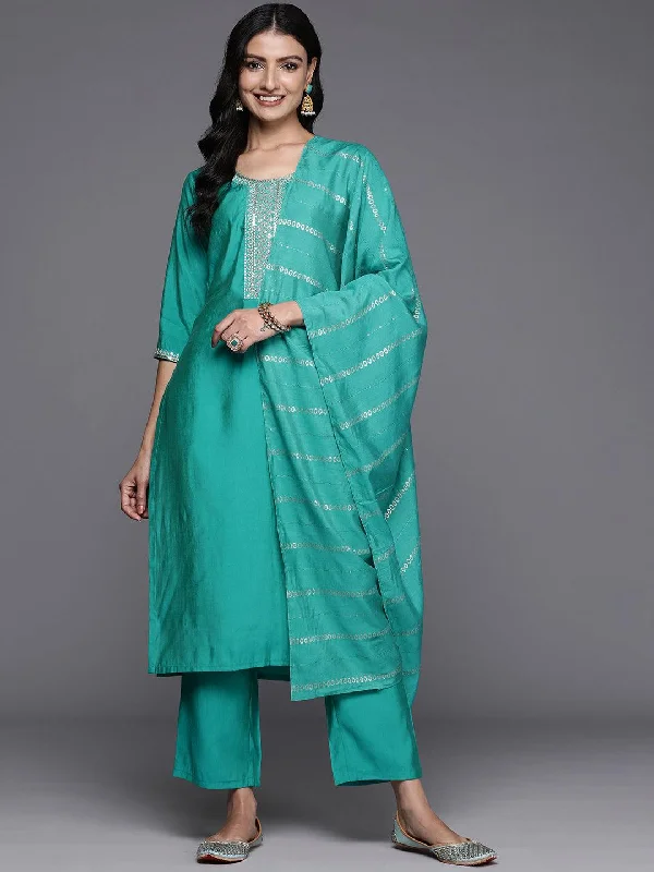 Green Yoke Design Silk Blend Straight Suit With Dupatta