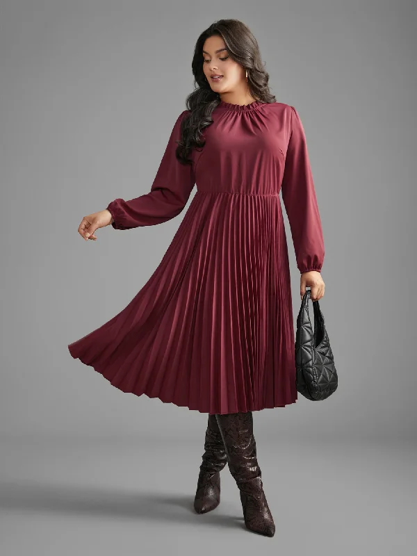 Mock Neck Frill Trim Pleated Dress