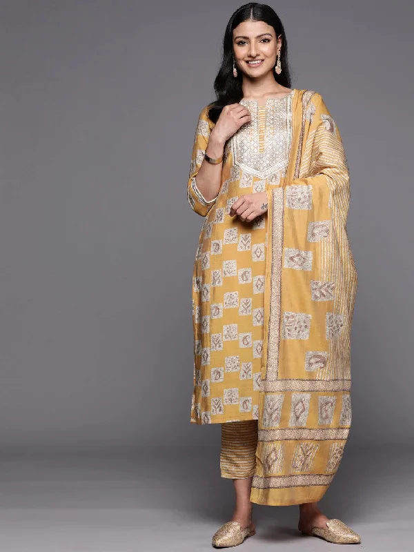 Mustard Yoke Design Silk Blend Straight Kurta With Trousers & Dupatta