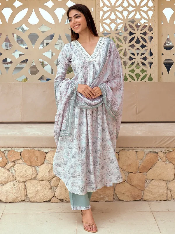 Off White Printed Cotton Blend A-Line Kurta With Palazzos & Dupatta