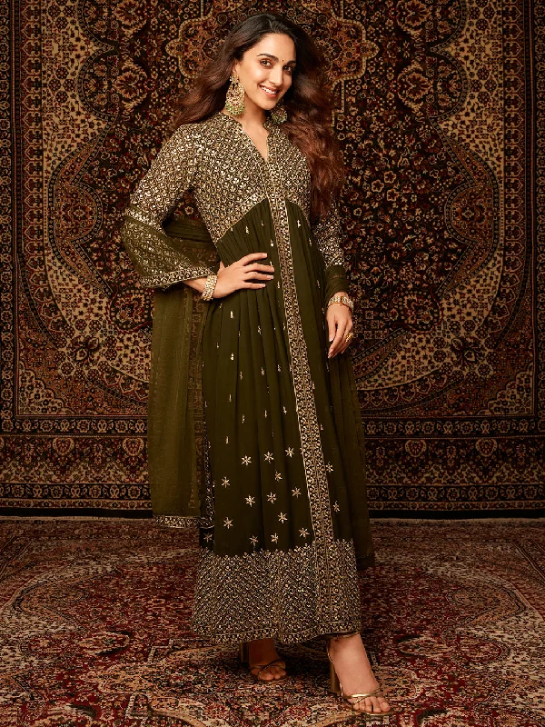 Chandni Olive Embroidered Georgette A-Line Kurta With Trousers & Dupatta