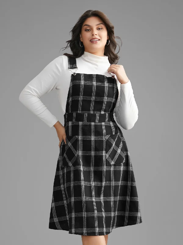 Plaid Square Neck Patched Pocket Dress