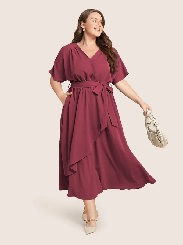 Plain Dolman Sleeve Pocket Belted Surplice Neck Flutter Dress