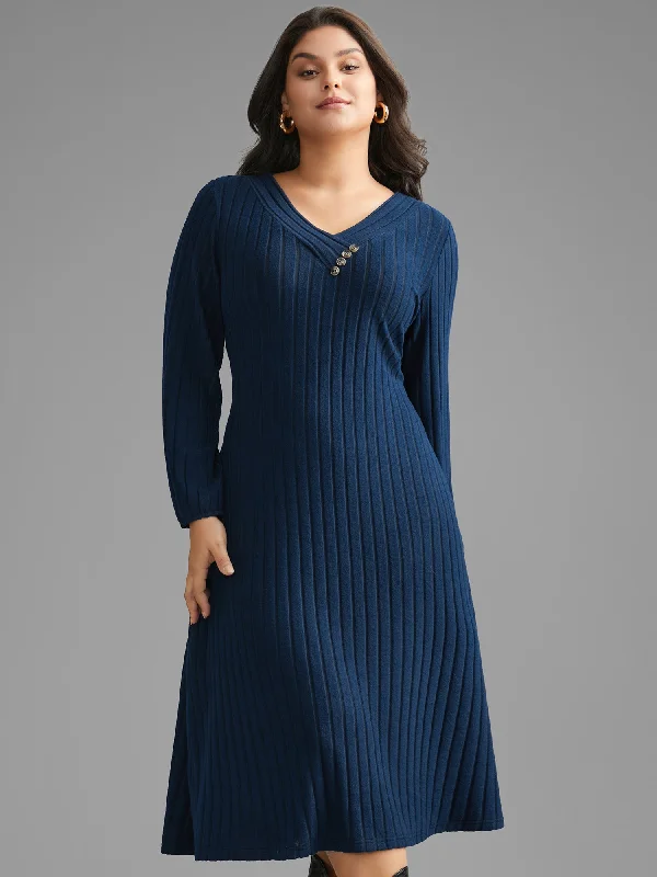 Plain Rib Knit Button Detail Dress