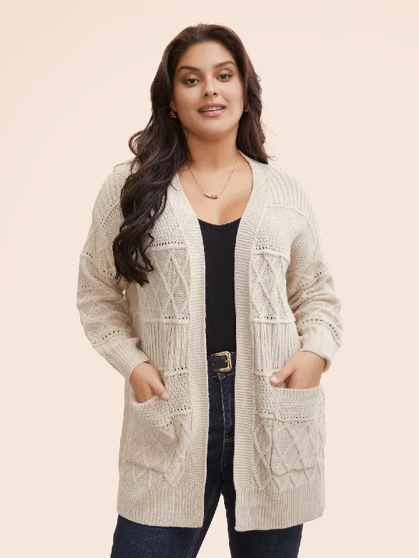 Plain Textured Open Front Pocket Cardigan