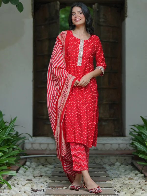 Red Printed Silk Blend Straight Suit With Dupatta