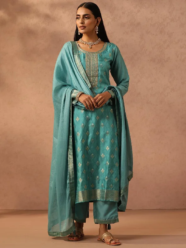 Green Self Design Silk Blend Pakistani Suit