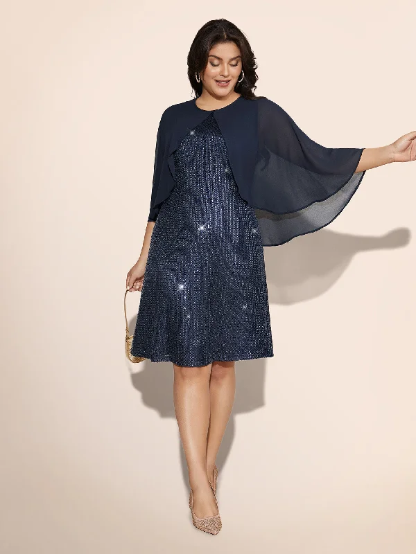 Sequin With Mesh Cape Dress