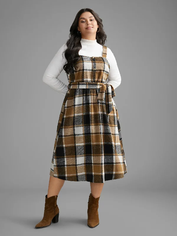 Square Neck Plaid Button Detail Belted Dress