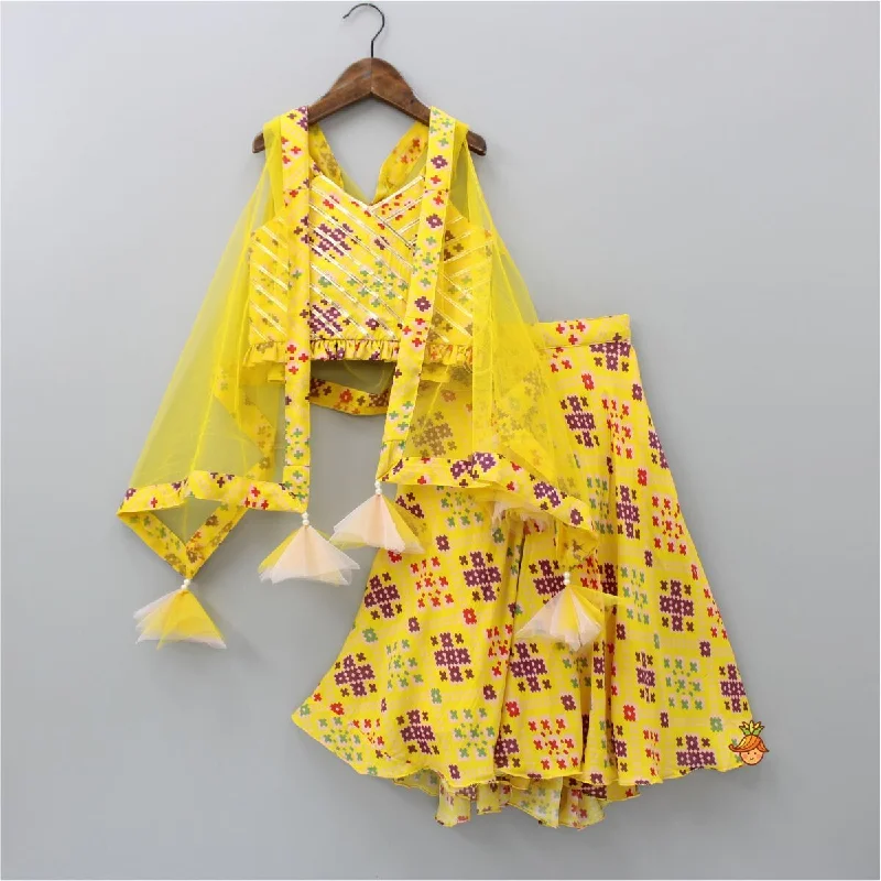 Stylish Patola Printed Yellow Cape Top And Asymmetric Palazzo