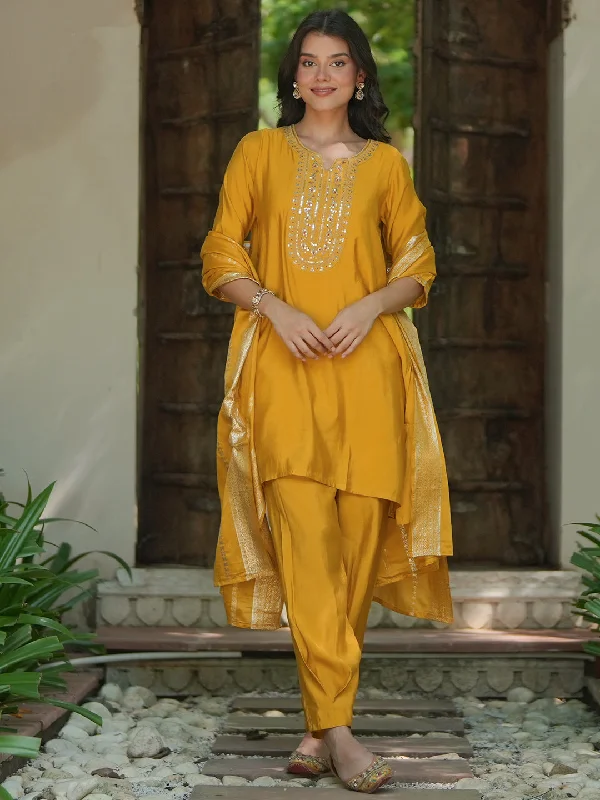 Yellow Yoke Design Silk Blend Straight Suit With Dupatta