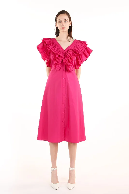 V Neck Pleated Ruffle Trim Sleeve Midi Dress