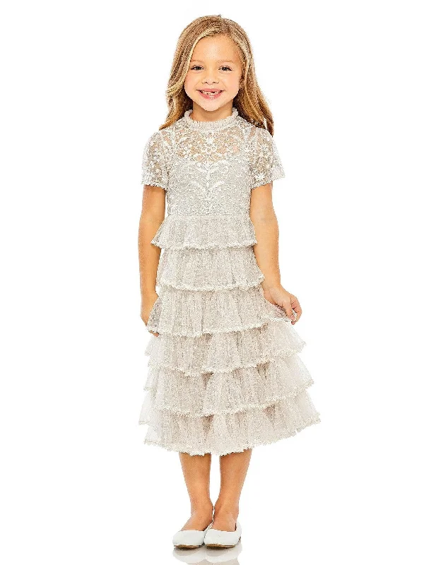 Mac Duggal 8214 Little Girls Short Sleeve Lace Midi Length Dress