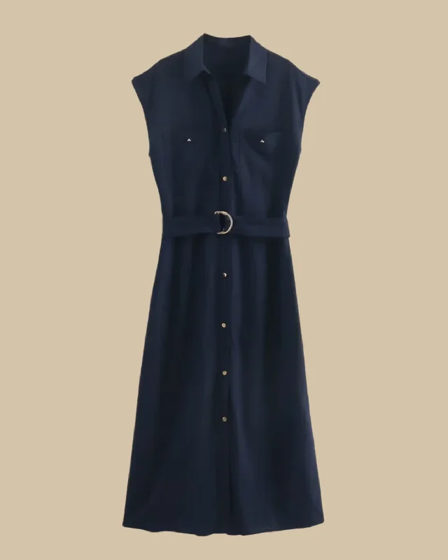 Marina Linen Midi Sleeveless Shirt Dress with Belt