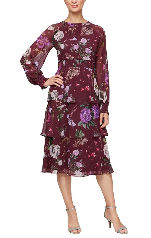 Midi Printed Chiffon Dress with Illusion Cuffed Sleeves & Tiered Skirt