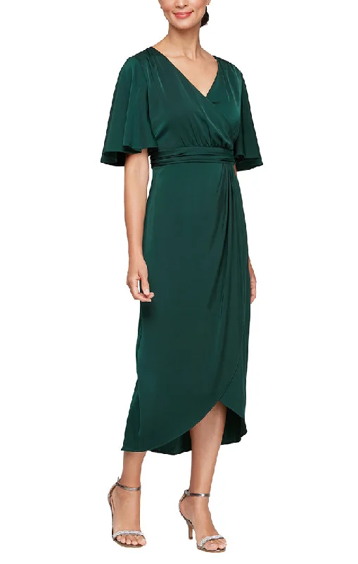 Midi Satin Charmeuse Surplice Neckline Dress with Ruched Waist, Flutter Sleeves & Overlay Skirt