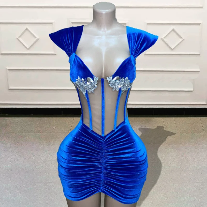 Custom Made Velvet Short Prom Dresses for Birthday Party Sexy See Through Beaded Crystal Blue Mini Cocktail Gowns