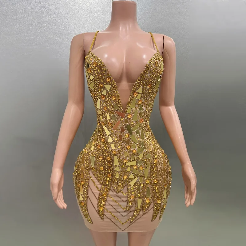 Sexy Gold Backless Sheath Mini Dress Flashing Sequins Birthday Evening Party Nightclub Singer Performance Costume Stage Wear