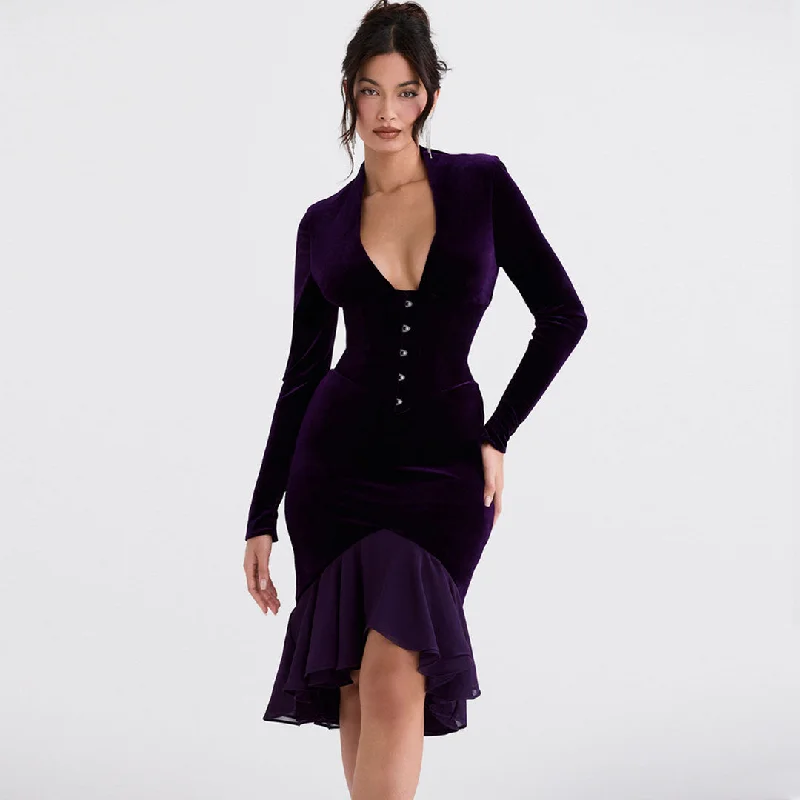 BerryBetty - High Low Mesh Panel Ruffle Hem Long Sleeve Velvet Mini Dress - Purple