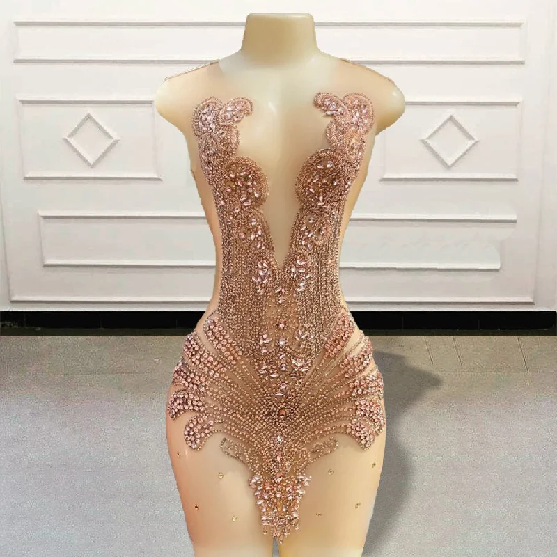 Sexy Sheer Short Prom Dresses Stunning Crystal Beaded Diamond Black Girls Mini Cocktail Gown for Birthday Party Custom Made