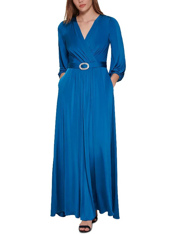 Petites Womens Belted Long Evening Dress