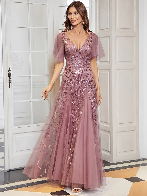 Romantic Shimmery V Neck Ruffle Sleeves Maxi Long Evening Gowns