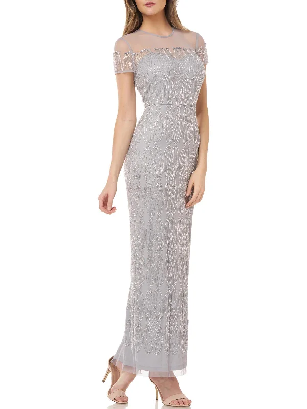 Womens Beaded Illusion Yoke Evening Dress