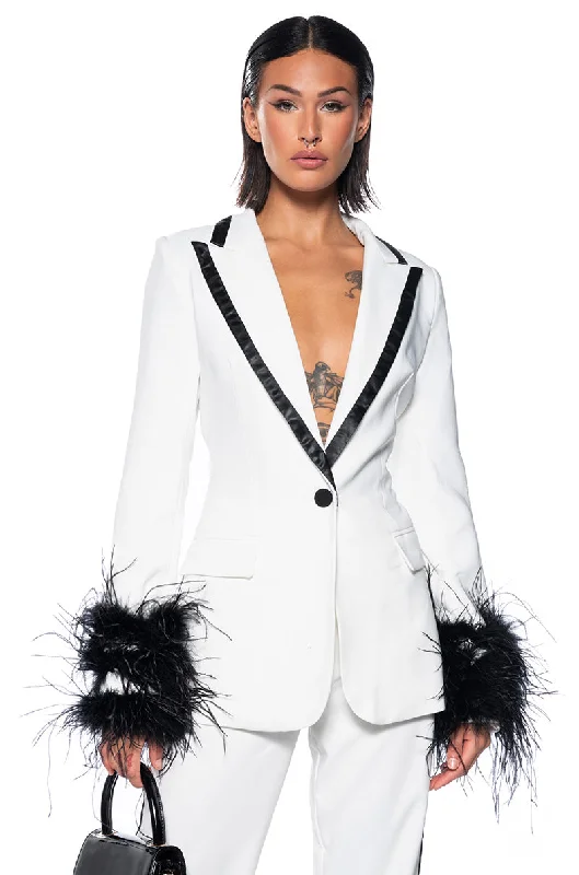 LANTIS WHITE BLAZER WITH FEATHER TRIM