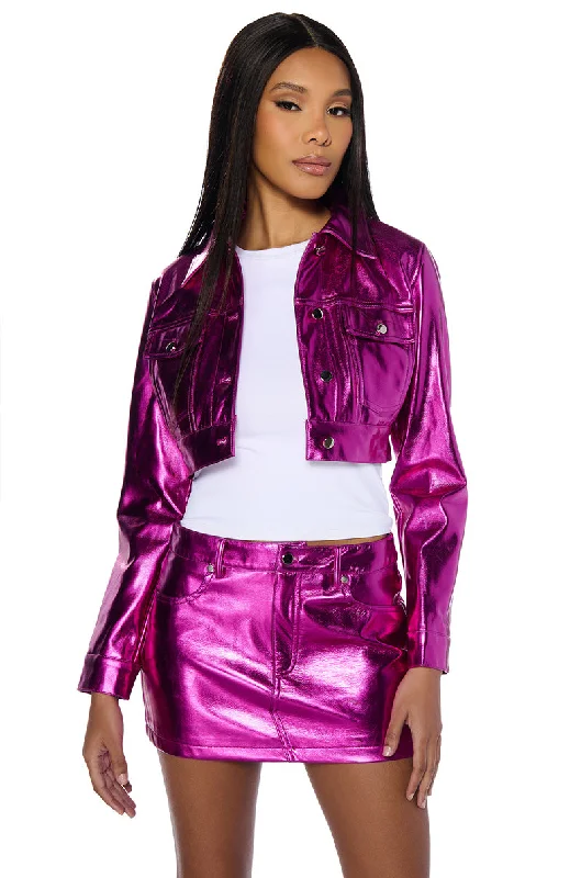 CELEBRATE METALLIC FAUX LEATHER CROP JACKET