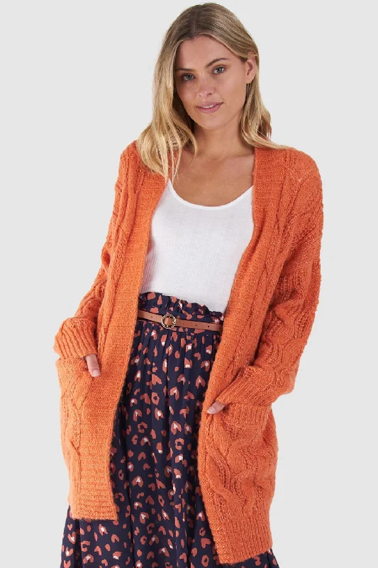 Grace Papaya Orange Cable Knit Longline Cardigan