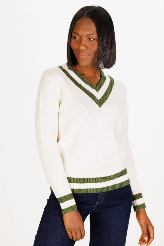 Varsity Heirloom Cotton Sweater in Ivory and Moss Green